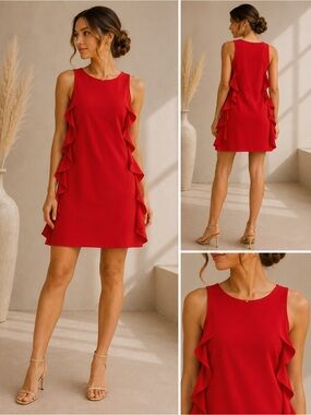 Trina Turk Red Sleeveless Ruffle-Trim Shift Dress
